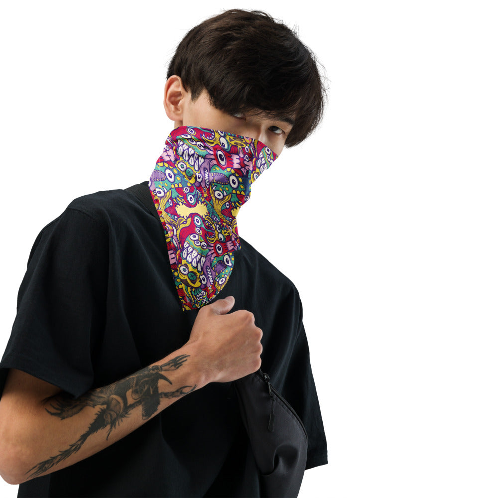 Exquisite corpse of doodles in a pattern design All-over print bandana. Young man wearing Bandana as a face mask by Zoo&co