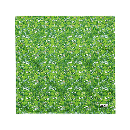 A tangled army of happy green frogs appears when the rain ends All-over print bandana. Medium size