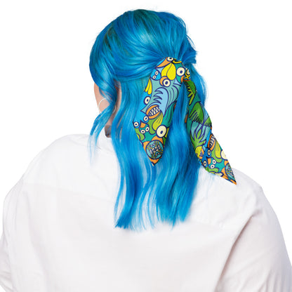 Exotic birds tropical pattern All-over print bandana. Blue-haired woman wearing All-over print Bandana