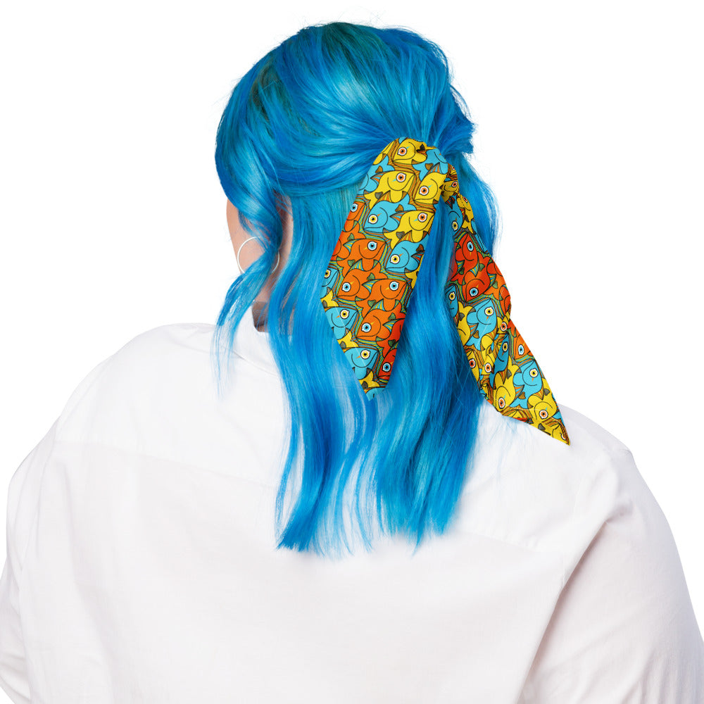Smiling fishes colorful pattern All-over print bandana. Blue-haired woman wearing All-over printed Bandana