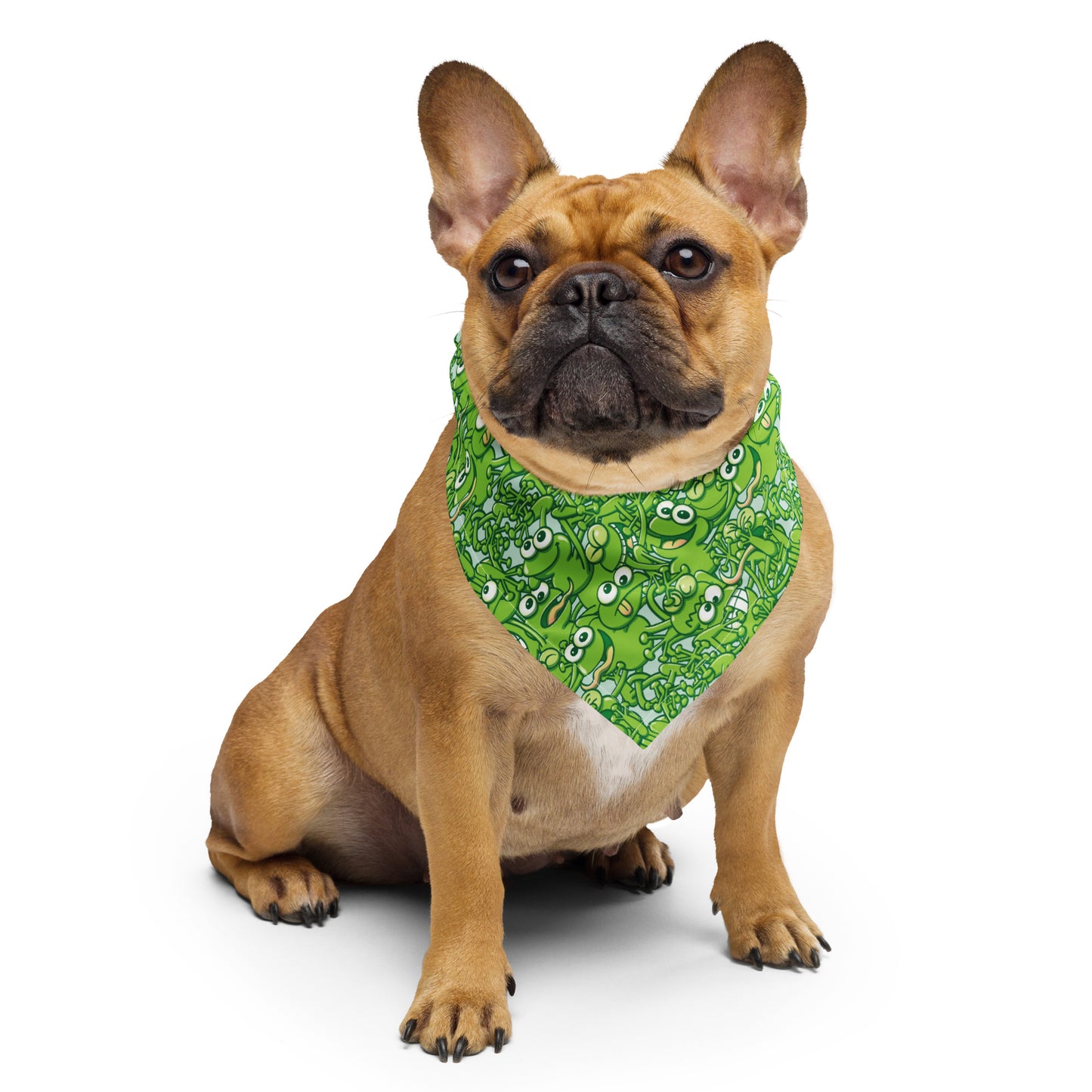 A tangled army of happy green frogs appears when the rain ends All-over print bandana. Cute dog wearing bandana by Zoo&co