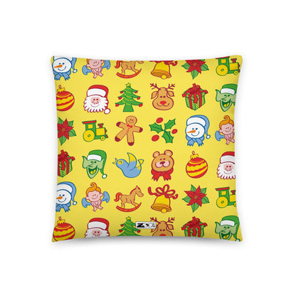 All the Christmas characters in a pattern design Basic Pillow. 18 x 18. Back view