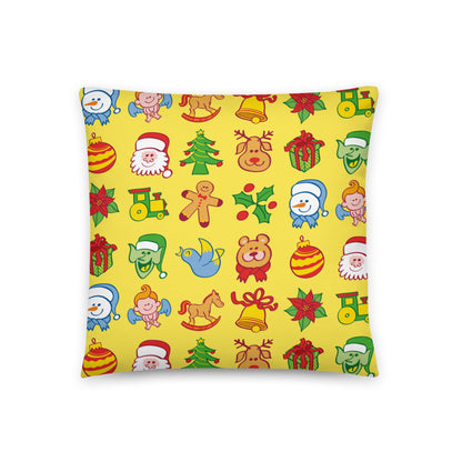 All the Christmas characters in a pattern design Basic Pillow. 18 x 18. Front view