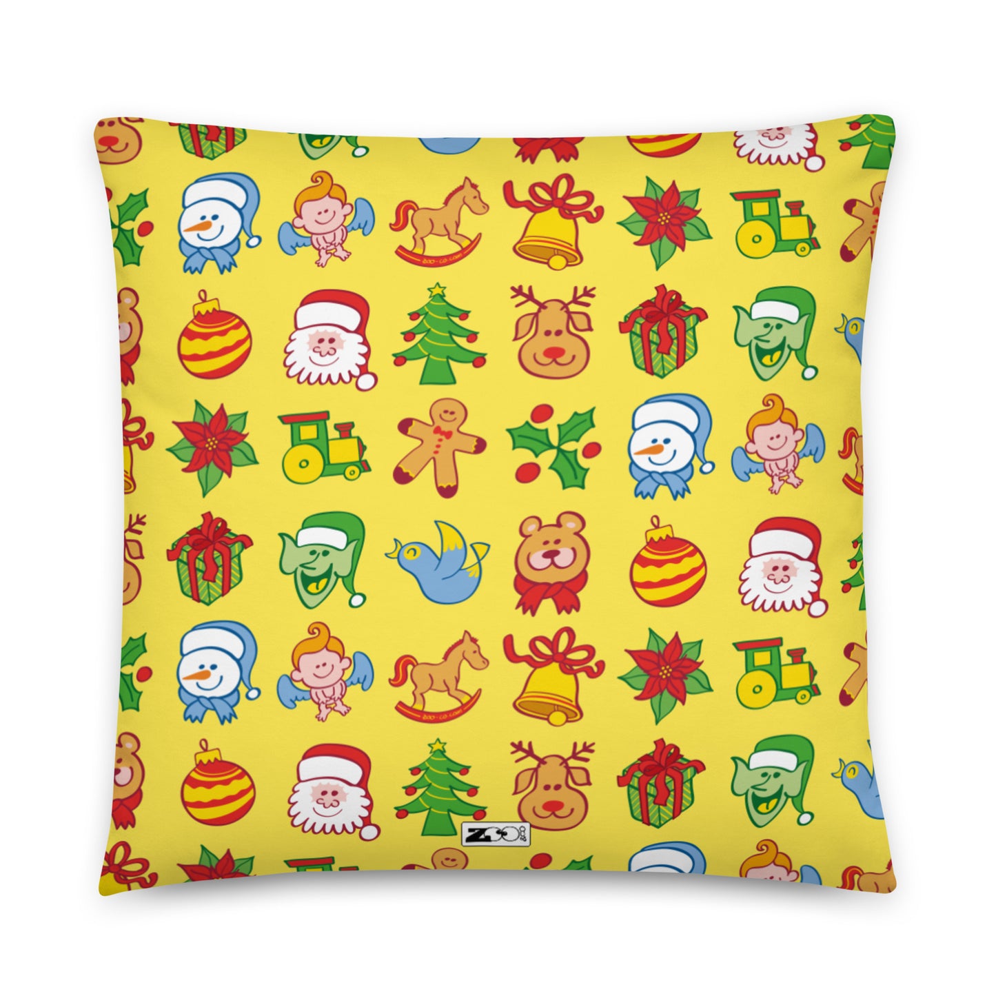 All the Christmas characters in a pattern design Basic Pillow. 22 x 22. Back view
