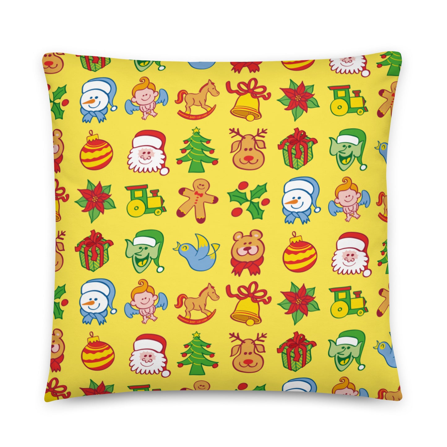 All the Christmas characters in a pattern design Basic Pillow. 22 x 22. Front view