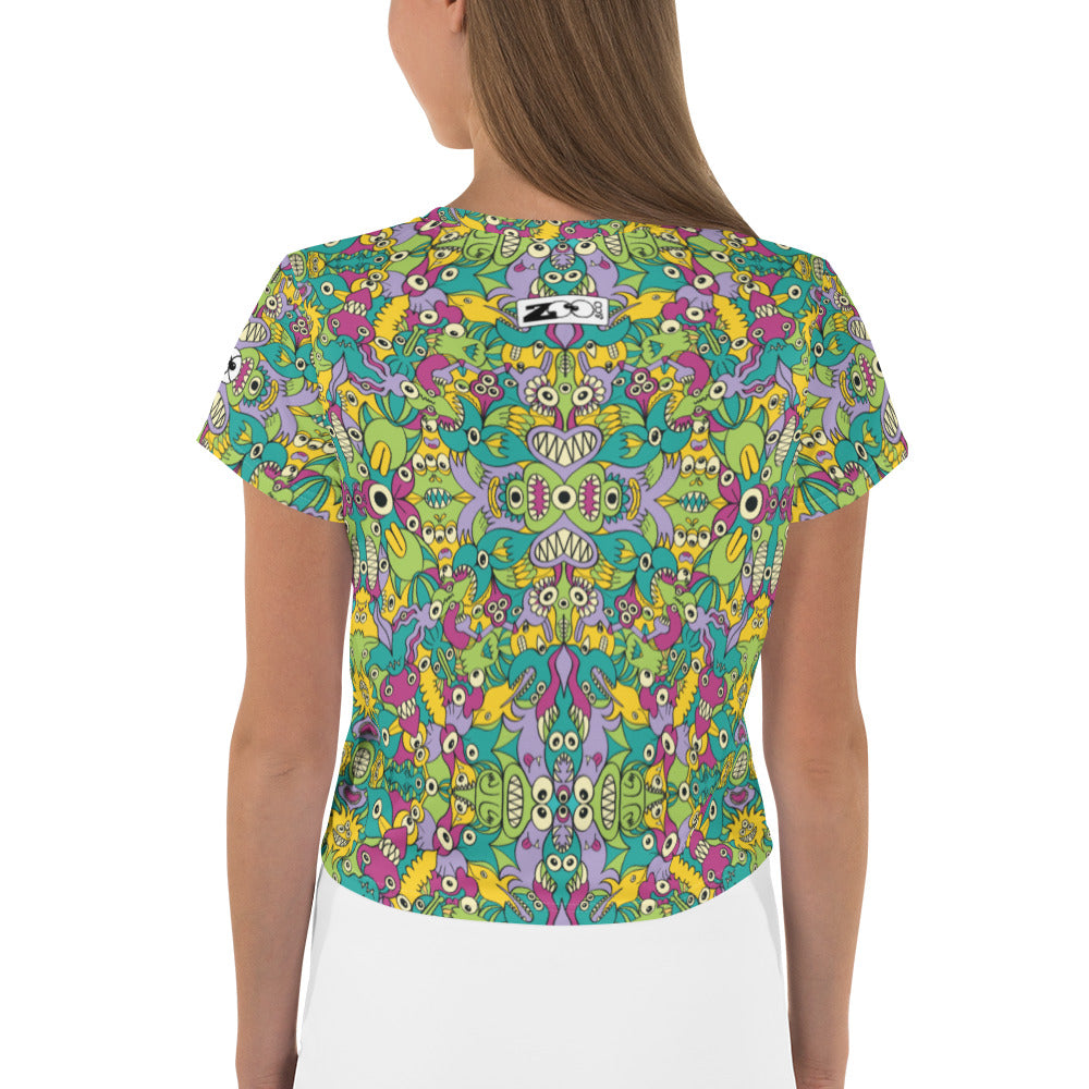 It’s life but not as we know it pattern design All-Over Print Crop Tee. Back view