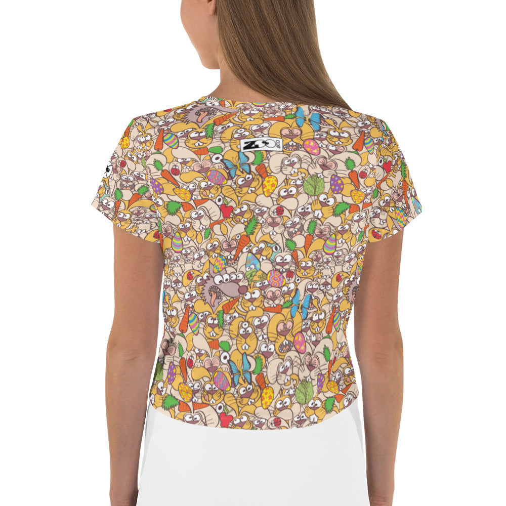 Thousands of crazy bunnies celebrating Easter All-Over Print Crop Tee. Back view
