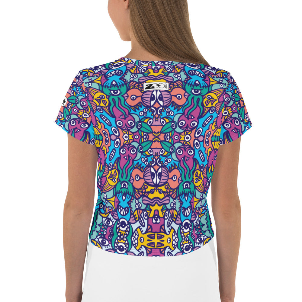 Whimsical design featuring multicolor critters from another world All-Over Print Crop Tee. Back view