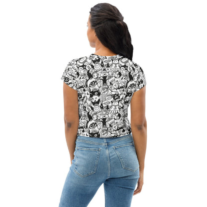 Black and white cool doodles art All-Over Print Crop Tee. Back view