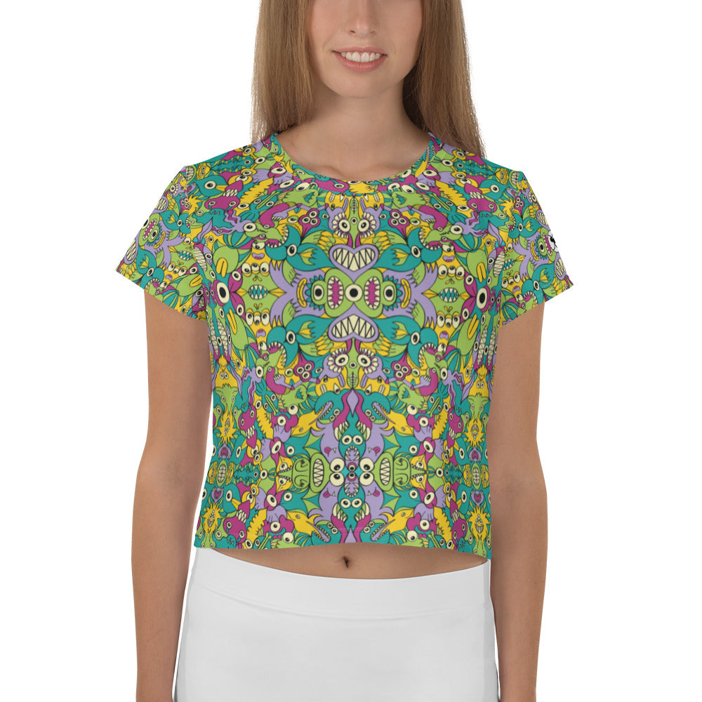 It’s life but not as we know it pattern design All-Over Print Crop Tee. Front view
