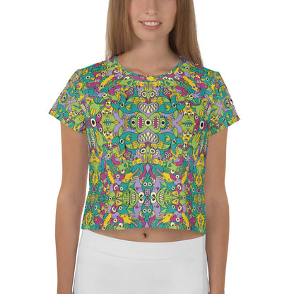 It’s life but not as we know it pattern design All-Over Print Crop Tee. Front view