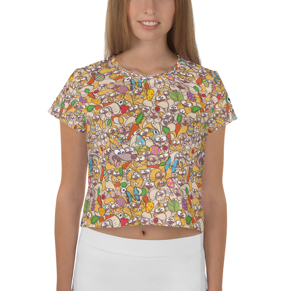 Thousands of crazy bunnies celebrating Easter All-Over Print Crop Tee. Front view