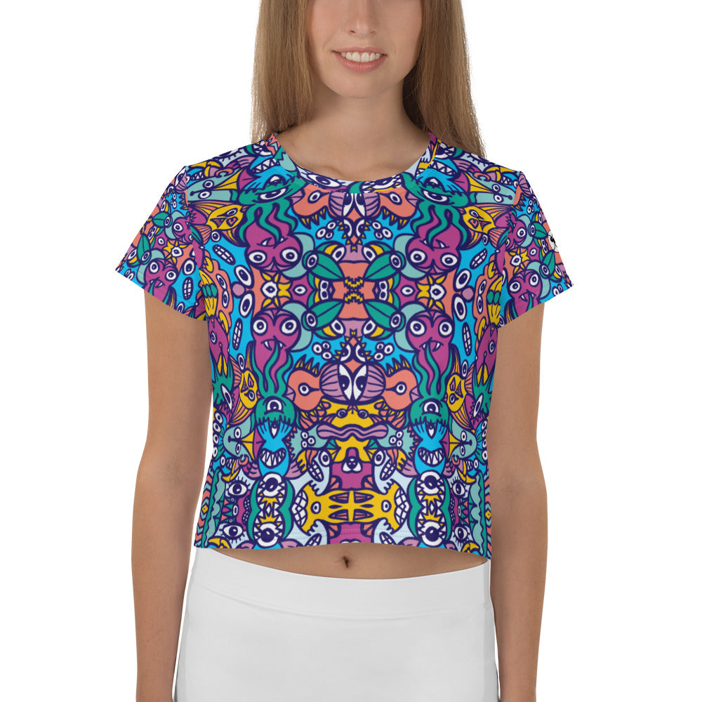 Whimsical design featuring multicolor critters from another world All-Over Print Crop Tee. Front view