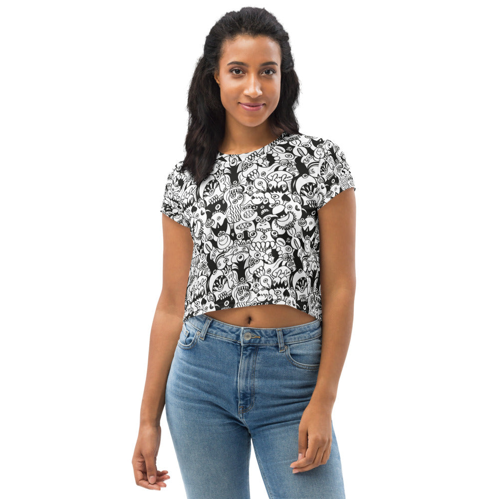 Black and white cool doodles art All-Over Print Crop Tee. Front view