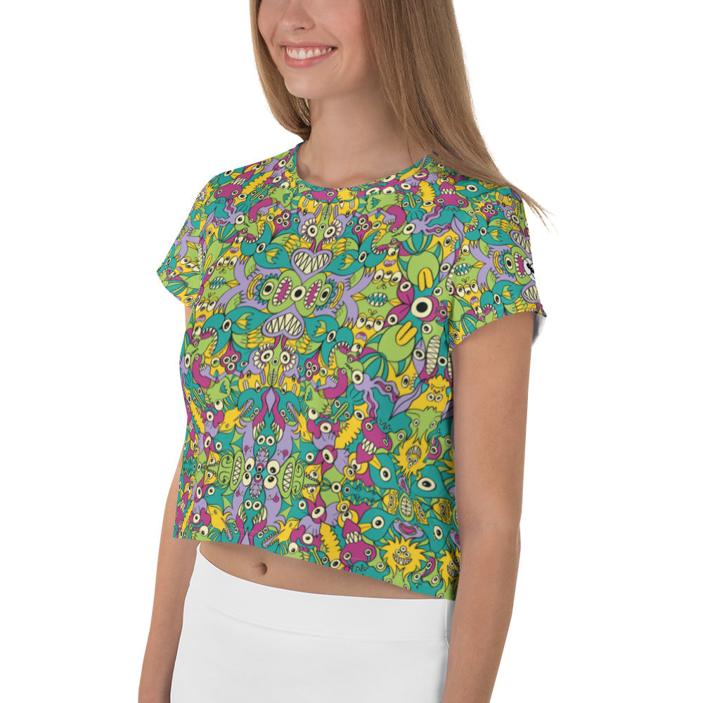 It’s life but not as we know it pattern design All-Over Print Crop Tee. Side view