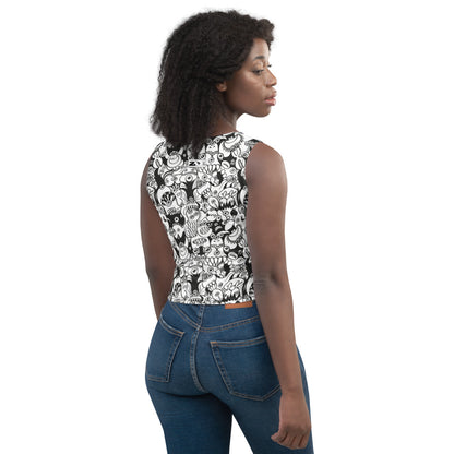 Black and white cool doodles art All-over print Crop Top. Back view