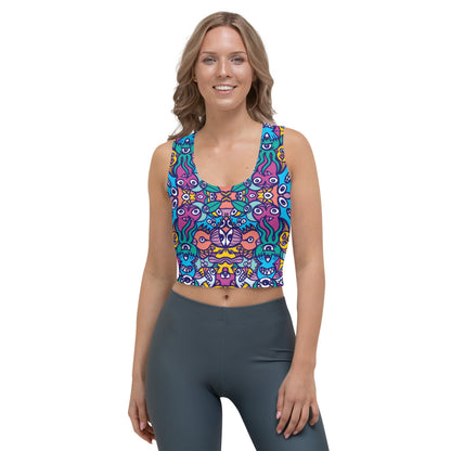 Whimsical design featuring colorful critters from another world Crop Top. Front view