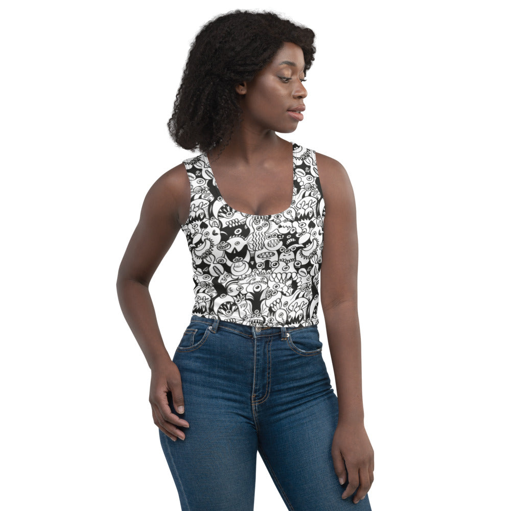 Black and white cool doodles art All-over print Crop Top. Front view