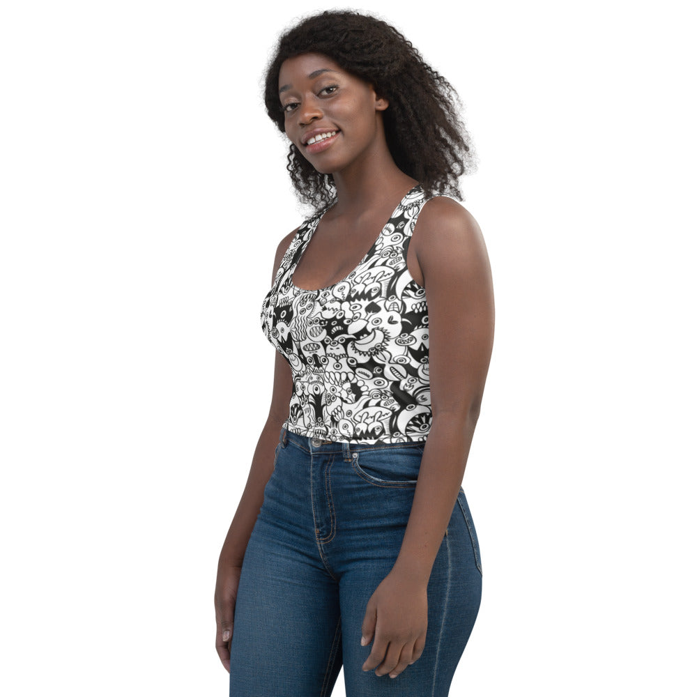 Black and white cool doodles art All-over print Crop Top. Side view