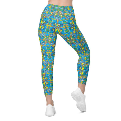 Exotic birds tropical pattern Crossover leggings with pockets. Back view