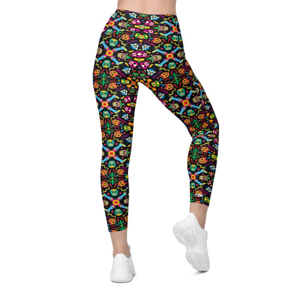 Mexican wrestling colorful party Crossover leggings with pockets. Back view