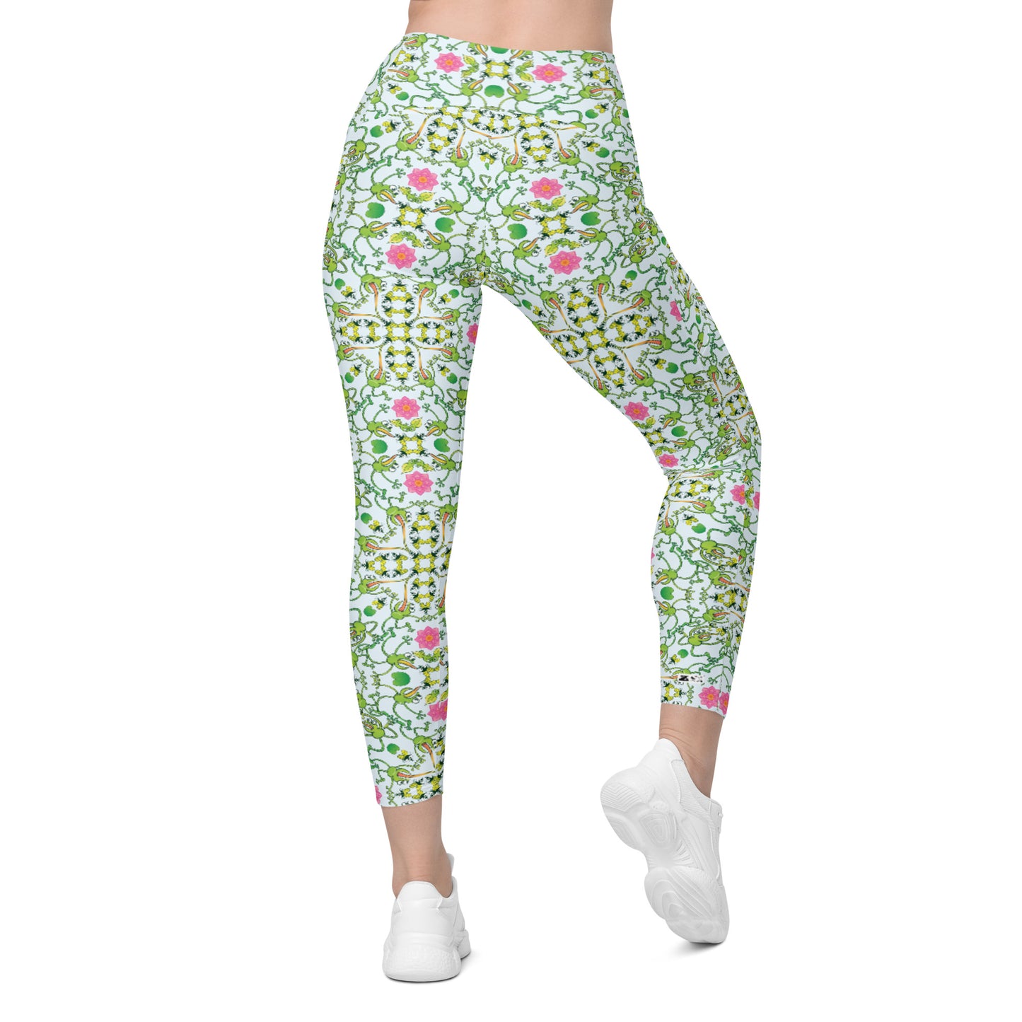 Funny frogs hunting flies Crossover leggings with pockets. Back view