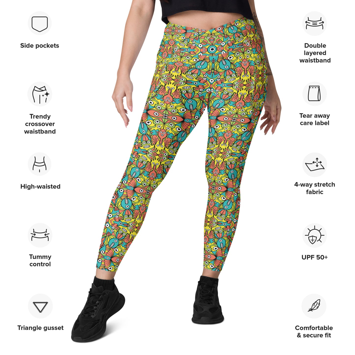 Alien monsters pattern design Crossover leggings with pockets. Product specifications