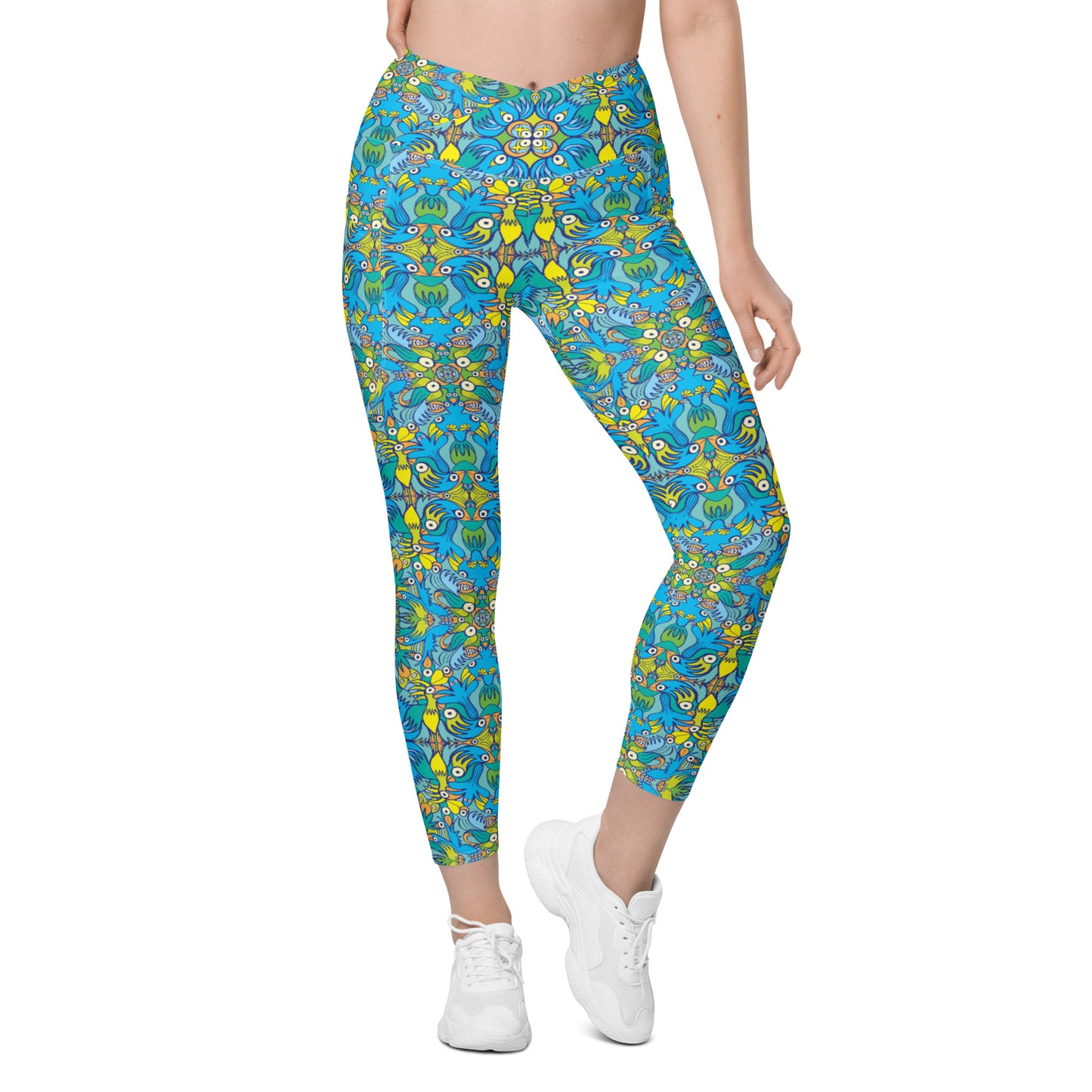 Exotic birds tropical pattern Crossover leggings with pockets. Front view
