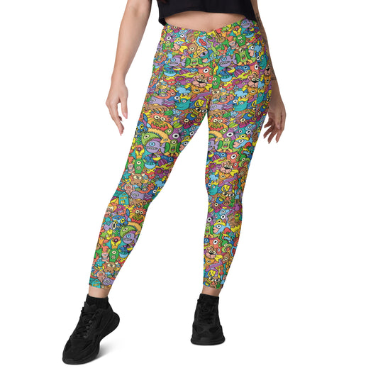 Cheerful crowd enjoying a lively carnival Crossover leggings with pockets. Front view
