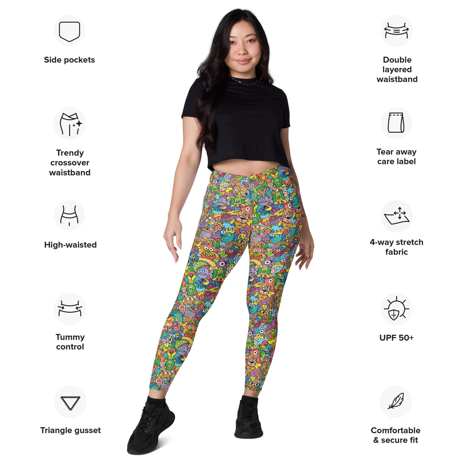 Cheerful crowd enjoying a lively carnival Crossover leggings with pockets. Product specifications