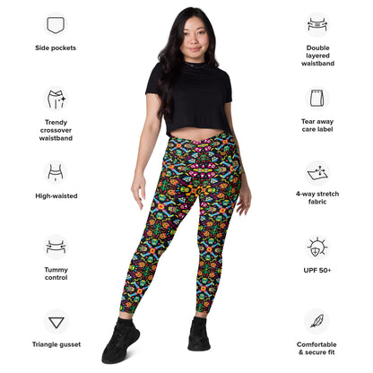 Mexican wrestling colorful party Crossover leggings with pockets. Product specifications