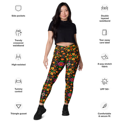 Wild flowers in a luxuriant jungle Crossover leggings with pockets. Product specifications