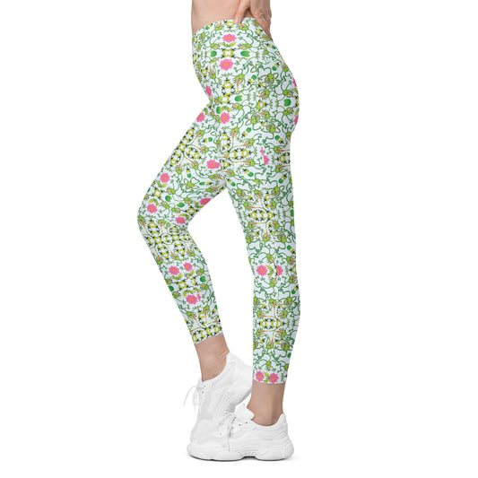 Funny frogs hunting flies Crossover leggings with pockets. Side view