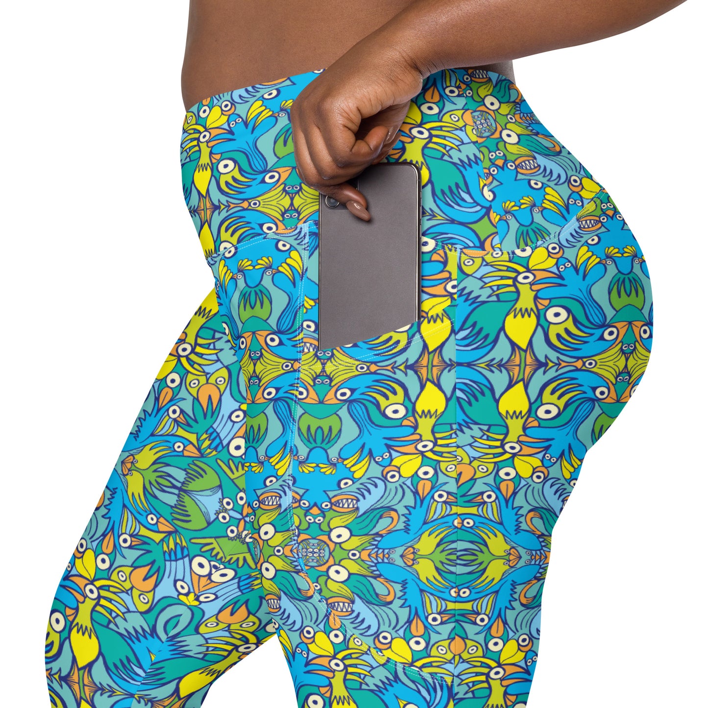 Exotic birds tropical pattern Crossover leggings with pockets. Pocket detail