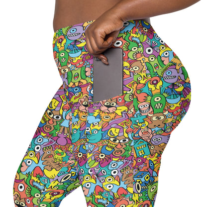 Cheerful crowd enjoying a lively carnival Crossover leggings with pockets. Pocket detail