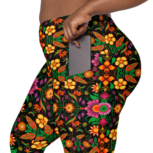 Wild flowers in a luxuriant jungle Crossover leggings with pockets. Pocket details