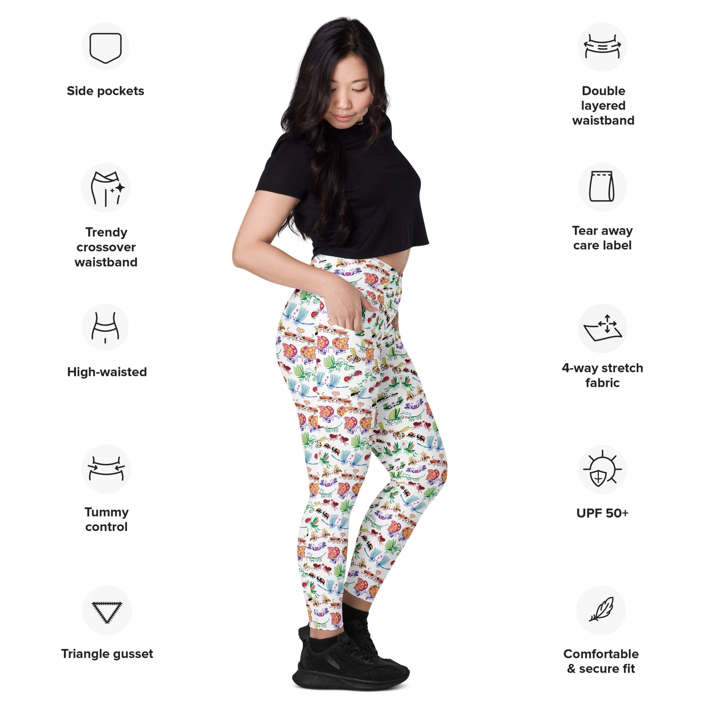 Cool insects madly in love Crossover leggings with pockets. Product specifications
