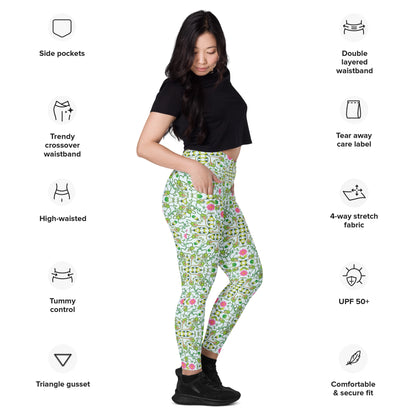 Funny frogs hunting flies Crossover leggings with pockets. Product specifications