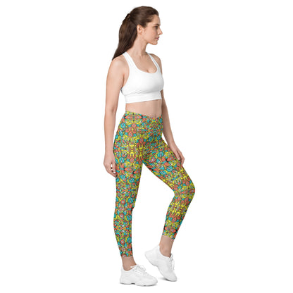 Alien monsters pattern design Crossover leggings with pockets. Side view