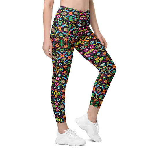 Mexican wrestling colorful party Crossover leggings with pockets. Right front view