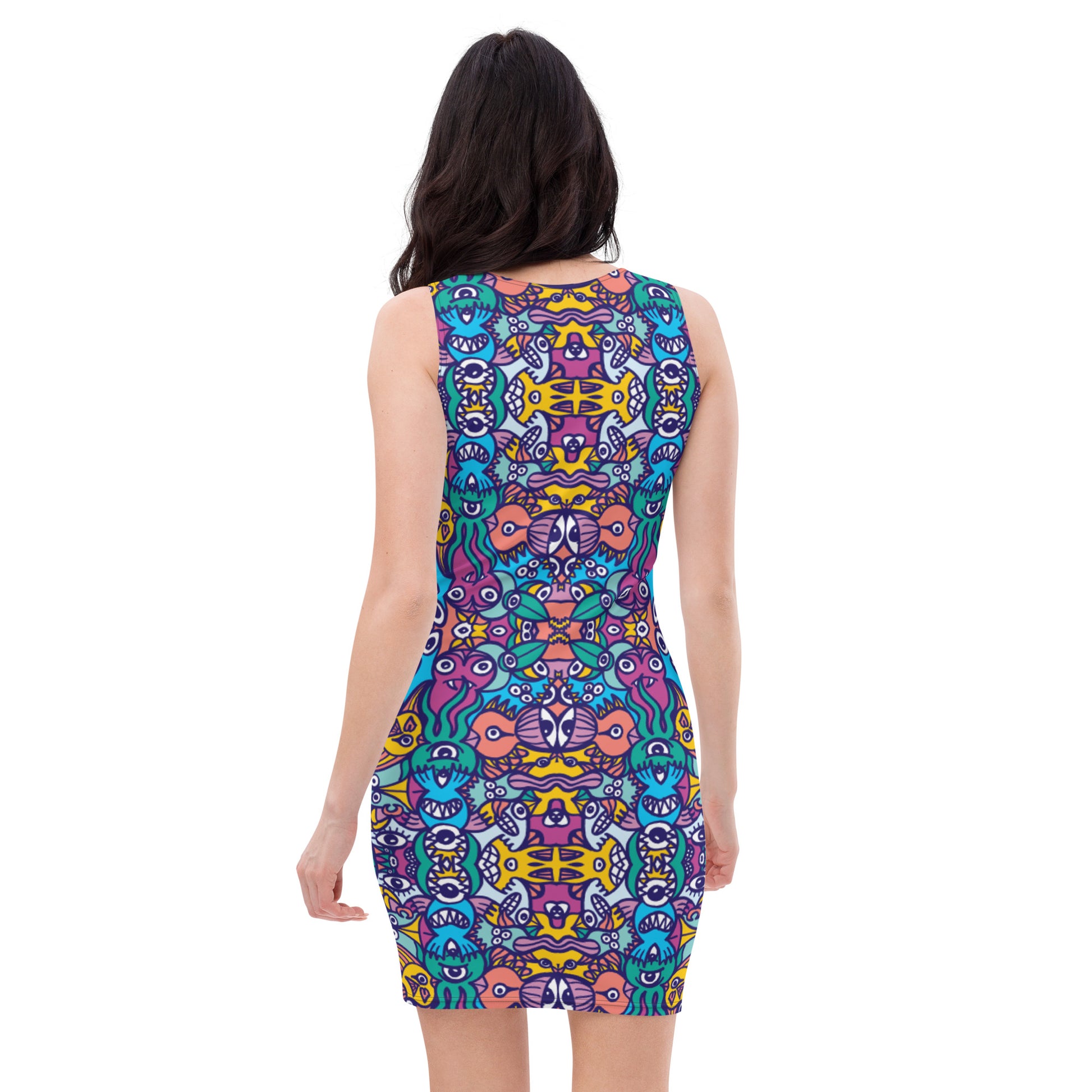 Whimsical design featuring multicolor critters from another world Sublimation Cut & Sew Dress. Back view