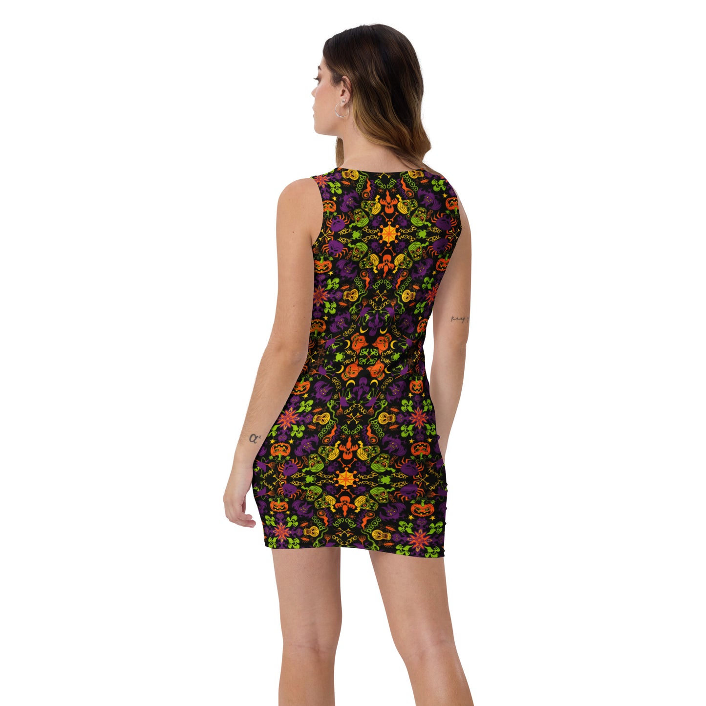 All Halloween stars in a creepy pattern design Sublimation Cut & Sew Dress. Back view