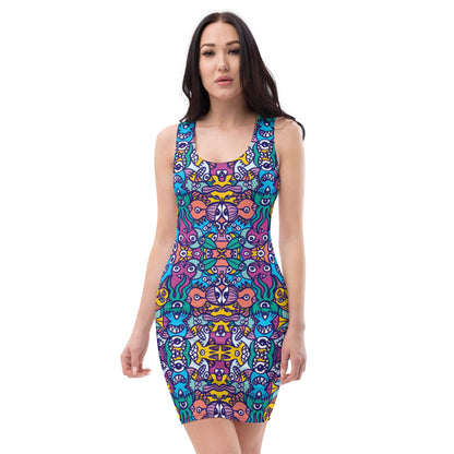 Whimsical design featuring multicolor critters from another world Sublimation Cut & Sew Dress. Front view