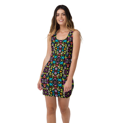Spooky Halloween characters in a pattern design Sublimation Cut & Sew Dress. Front view
