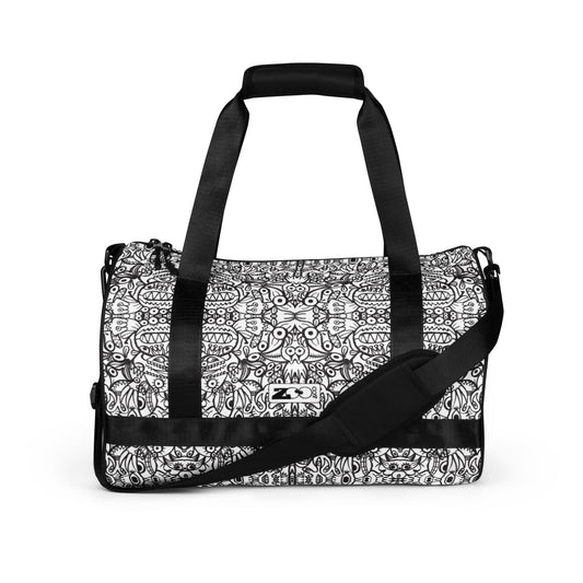 Brush style doodle critters All-over print gym bag. Front view