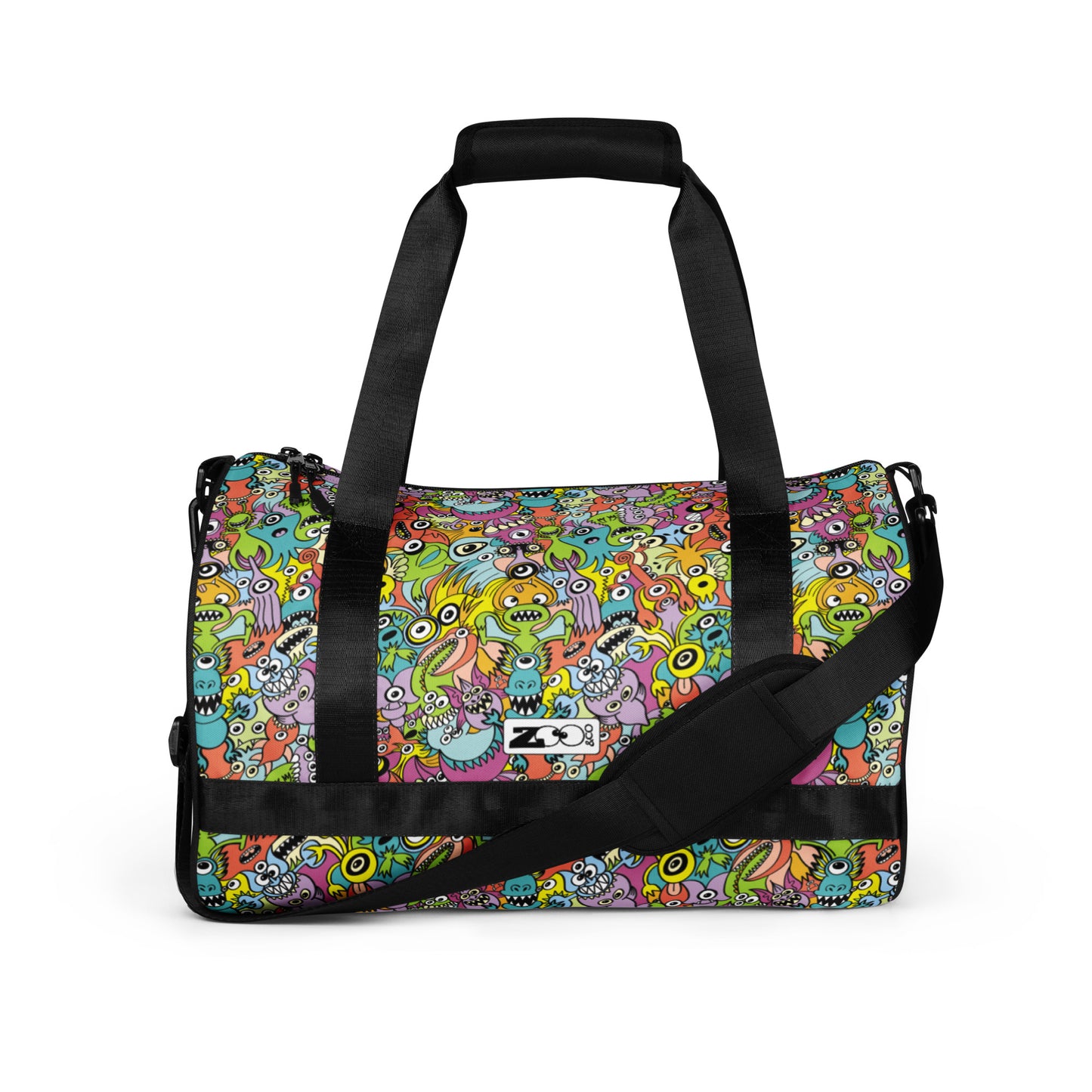Funny monster fighting for the best spot for a pattern design All-over print gym bag. Front view