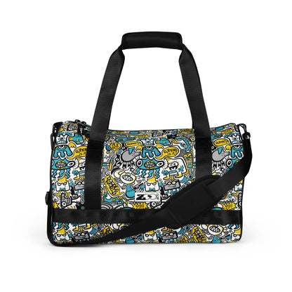 Discover a whole Doodle world buzzing in Lost city All-over print gym bag. Front view