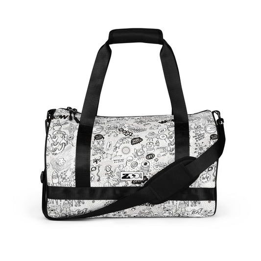 Celebrating the most comprehensive Doodle art of the universe All-over print gym bag. Front view