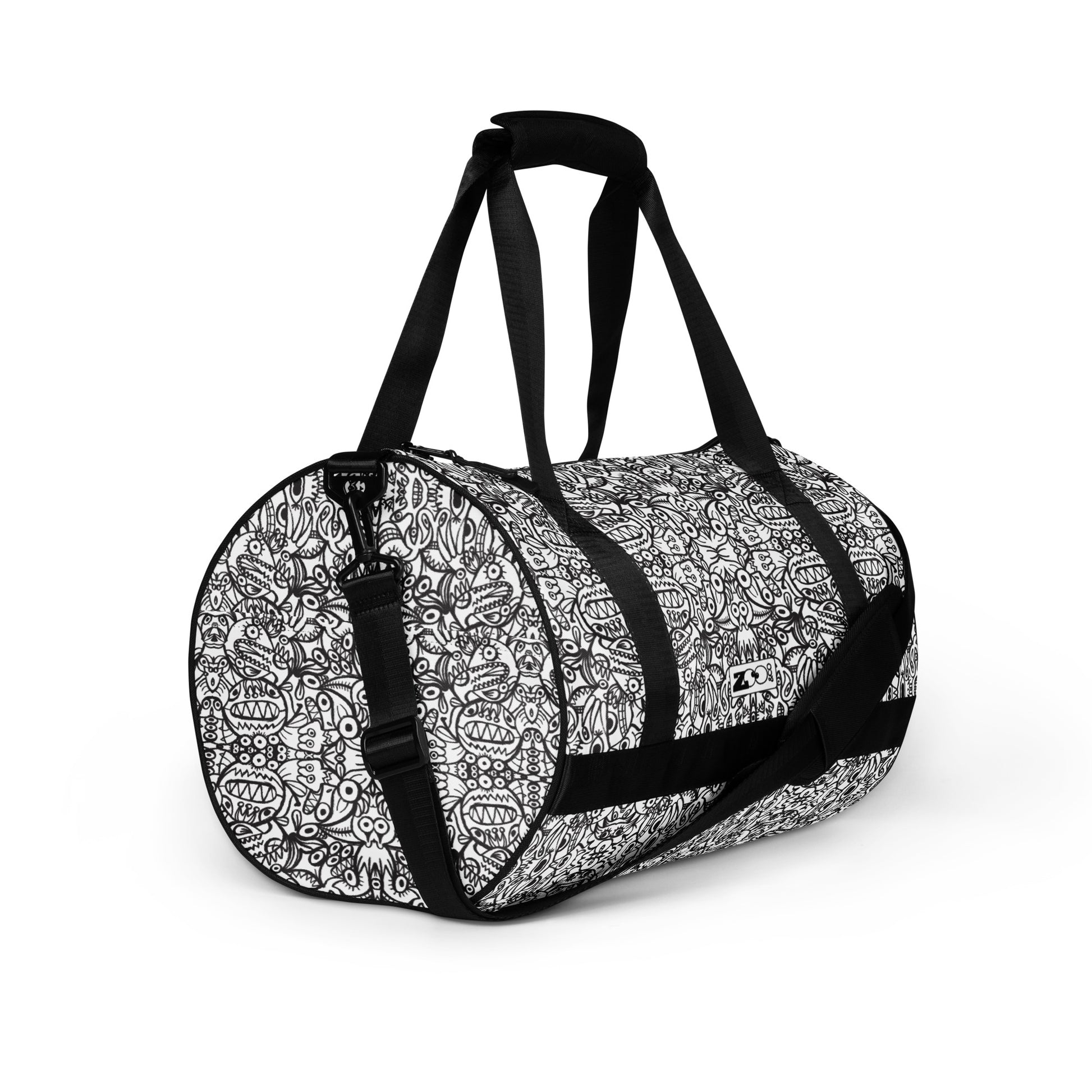 Brush style doodle critters All-over print gym bag. Right front view