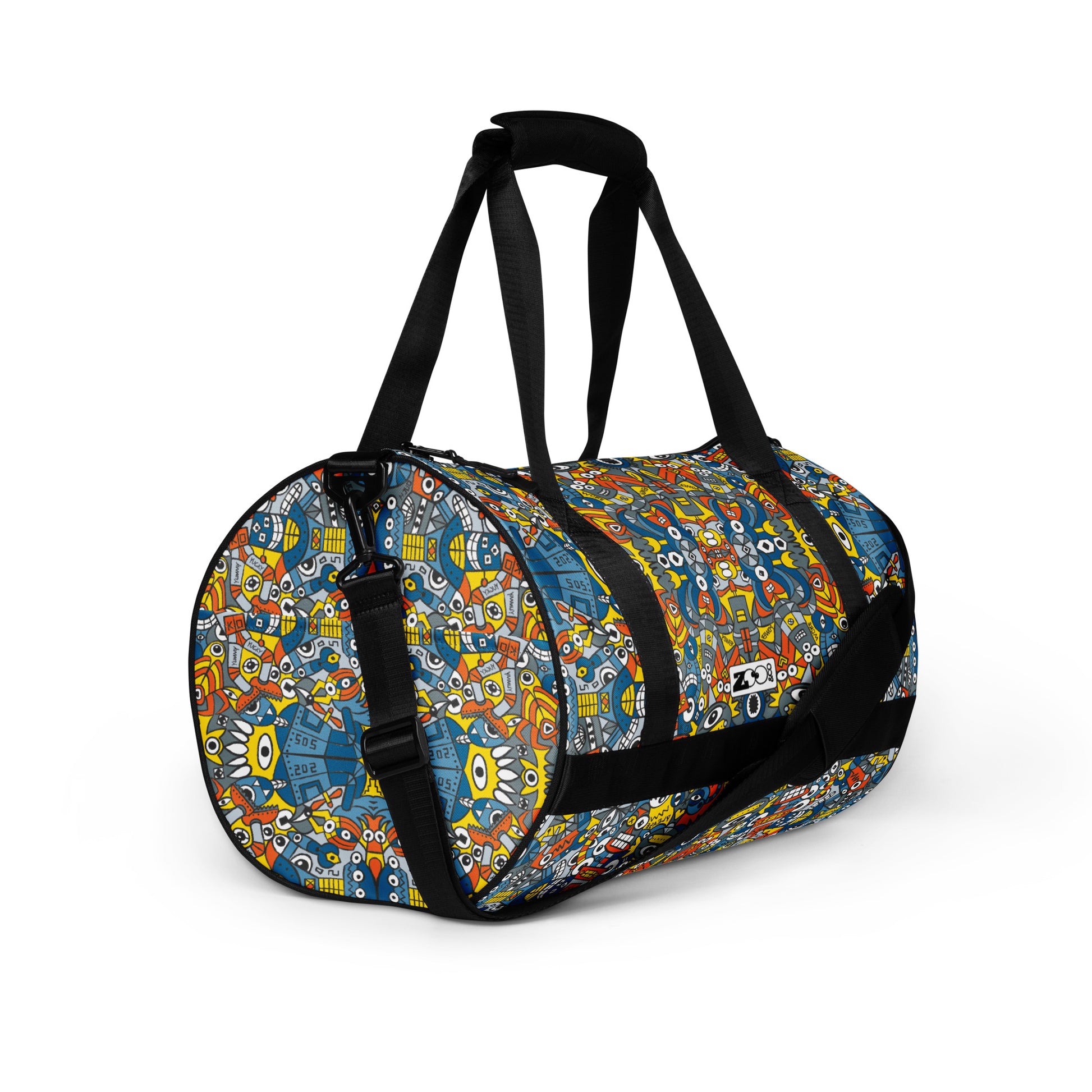 Retro robots doodle art All-over print gym bag. Right front view